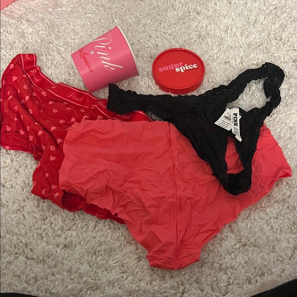 NWT PINK Victoria's Secret Heart Print and Lace Panties - Red and Black XXL